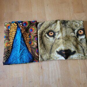 Vibrant Peacock Bird Tropical Print Colorful & Jungle Tiki Lion Fabric Lot of 2